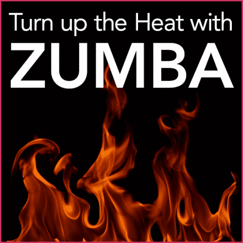 ... background with red flames and the words Turn Up the Heat with Zumba