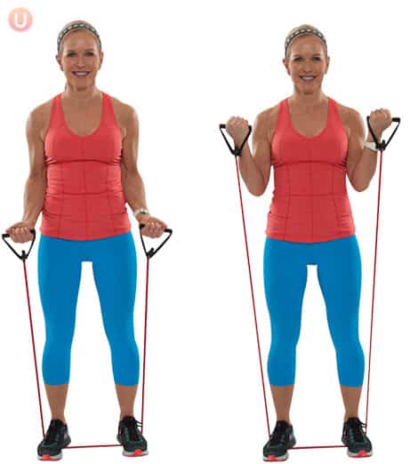 Try a resistance band bicep curl to build muscle.