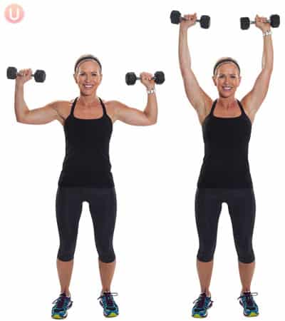 Do a shoulder overhead press to tone your shoulders.