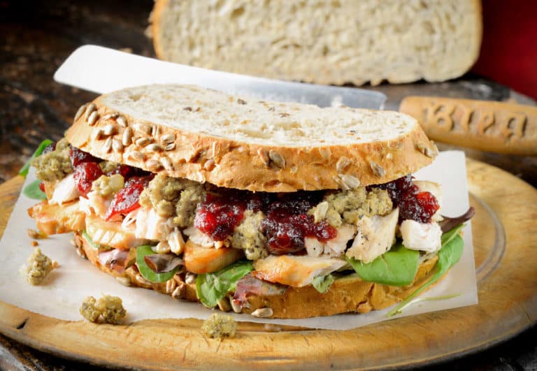 Upgrade the basic turkey & mayo with a pumped up version using all your Thanksgiving leftovers.