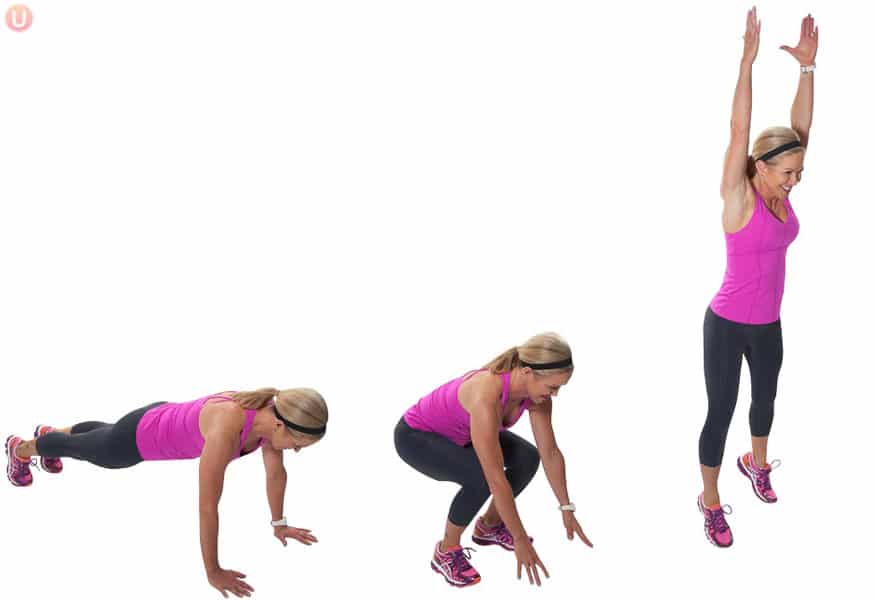 fitness trainer chris freytag performs burpees exercises that burn fat with instructions below