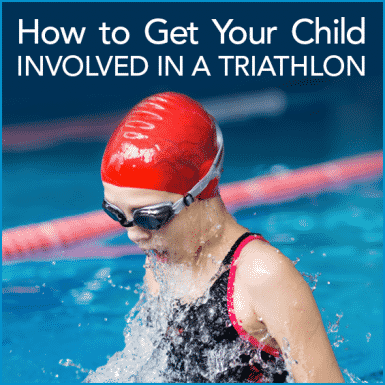 Kid swimming in water with a red swim cap and goggles with the words How To Get Your Child Involved In A Triathlon