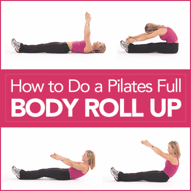 Chris freytag in black pants and a pink tank top performing the steps to a full body roll up with the words How to Do a Pilates Full Body Roll Up