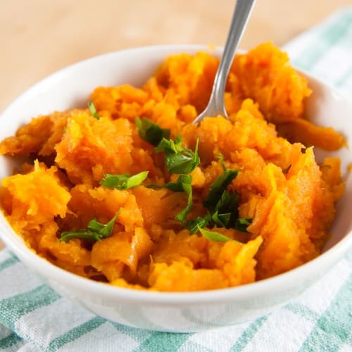 Thanksgiving food swap! Sweet potato mash with goat cheese and chives - yes please!