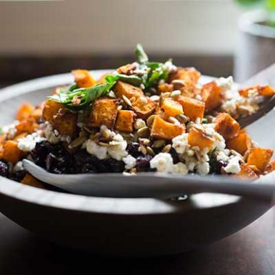 Roasted Pumpkin and Quinoa Salad in a gray bowl