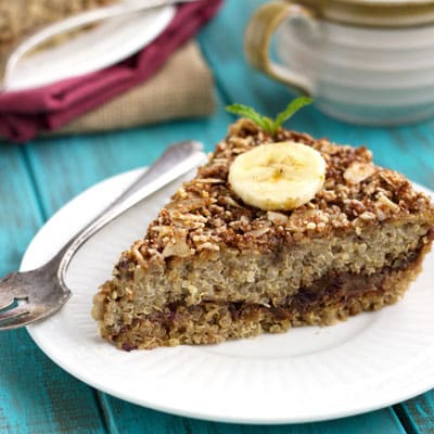 A slice of baked breakfast quinoa with dates and bananas