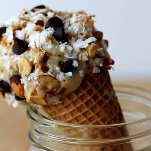 Banana “Ice Cream” with Toasted Coconut, Almonds, & Dark Chocolate in a waffle cone