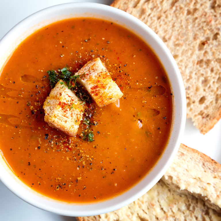 Dip into this healthy Tuscan tomato soup with some crusty whole grain bread, and taste the rich bisque flavors of this low-calorie meal.