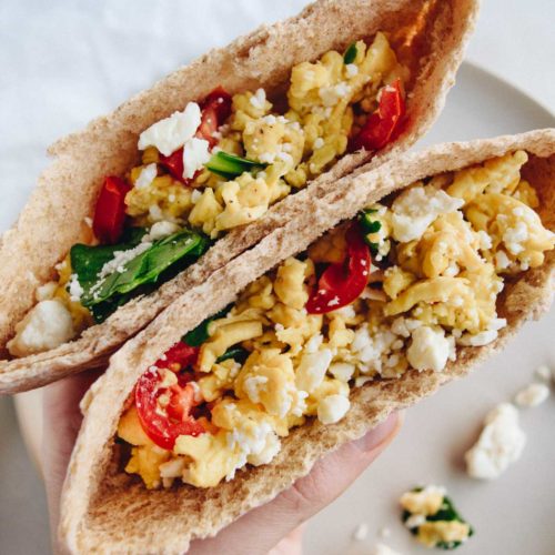 A hot, healthy, and delicious low-fat meal in just minutes this simple Medietrranean breakfast pita is a tasty recipe!