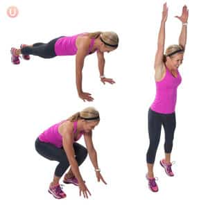 Chris Freytag demonstrating how to do a Burpee in a pink tank top