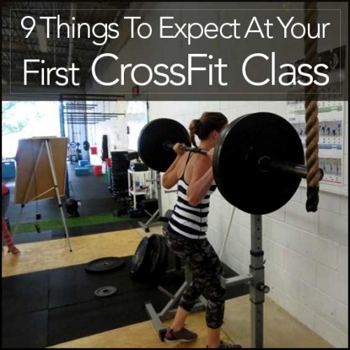 Girl lifting weights in a striped black and white tank top with the words 9 Things To Expect At Your First CrossFit Class