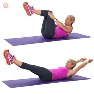 Chris Freytag demonstrating a Double Leg Stretch on a purple yoga mat