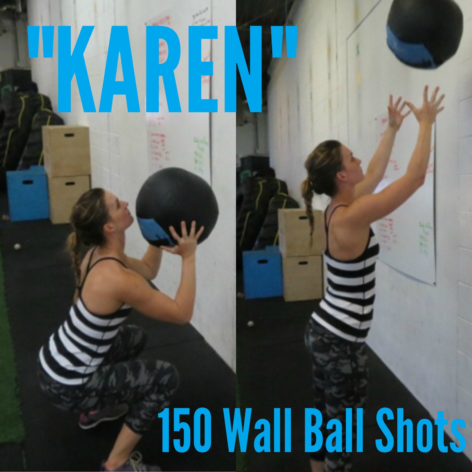 A CrossFitter doing the WOD "Karen" which is 150 Wall Ball Shots