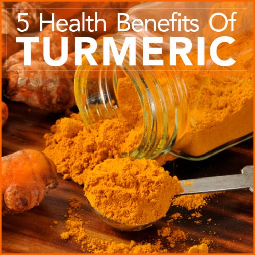 A large clear jar filled with turmeric powder and a measuring spoon with the words "5 Health Benefits Of Turmeric" above it.