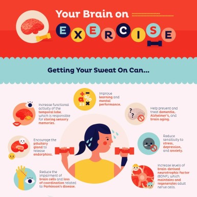 An infographic showing the ways exercise affects your brain with the words "The Brain Benefits of Exercise"