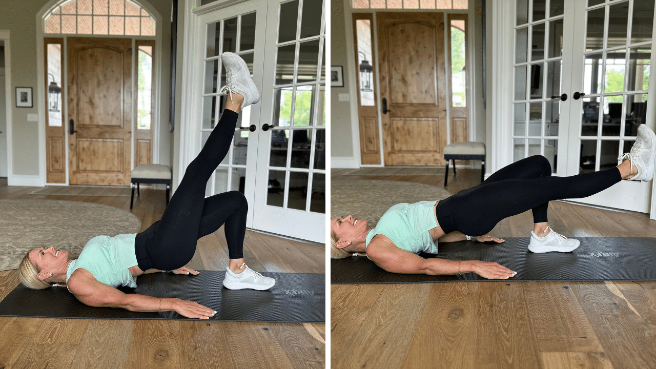 Chris Freytag wearing black leggings and a light green tank top performing the single leg glute bridge lift and lower. Two photos side by side showing the pathway of how to do the glute bridge in two separate stages of the move.
