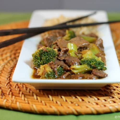 Beef and broccoli stir fry with chopsticks