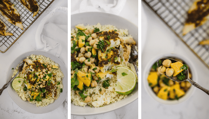 Three different shots of grilled tilapia with a mango chickpea salsa