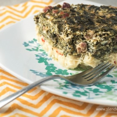 Hashbrown Spinach and Ham Casserole with yellow zig zag napkin