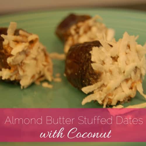 Dates stuffed with almond butter and shredded coconut