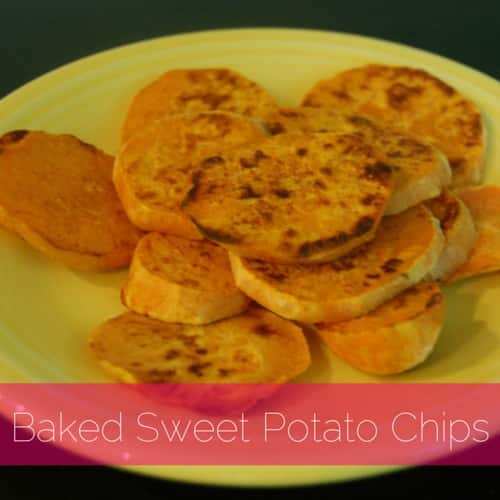 a plate full of baked sweet potato chips