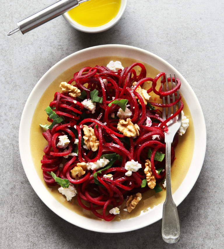 Try this healthy beet salad recipe with creamy feta and crunchy walnuts. #recipe #healthy