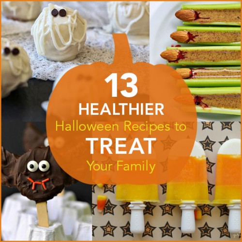 A collage of four different healthy halloween recipes: skinny mummy cake balls, healthy witch fingers, bat pops, and candy corn popsicles.