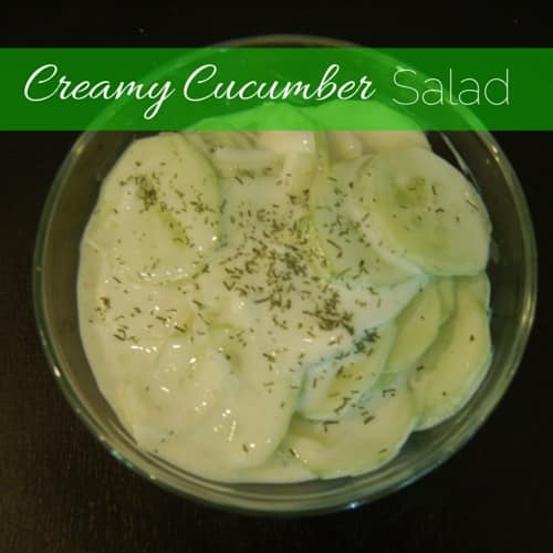 a bowl filled with sliced cucumbers in a creamy yogurt sauce garnished with dill