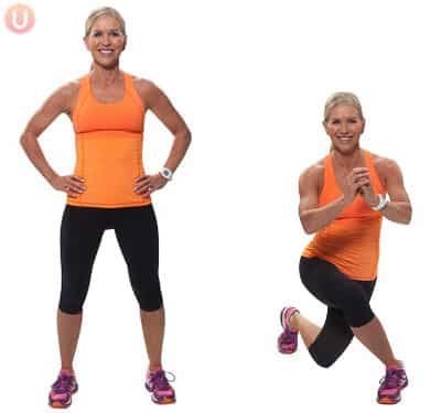 Chris Freytag demonstrating curtsy lunges for a 10 minute Tabata for beginners workout