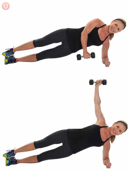 Chris Freytag demonstrating side plank arm extension with a black dumbbells