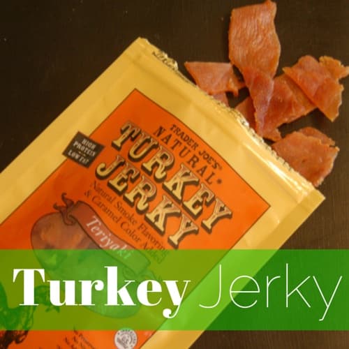 a bag of Trader Joe's turkey jerky opened with jerky being shown