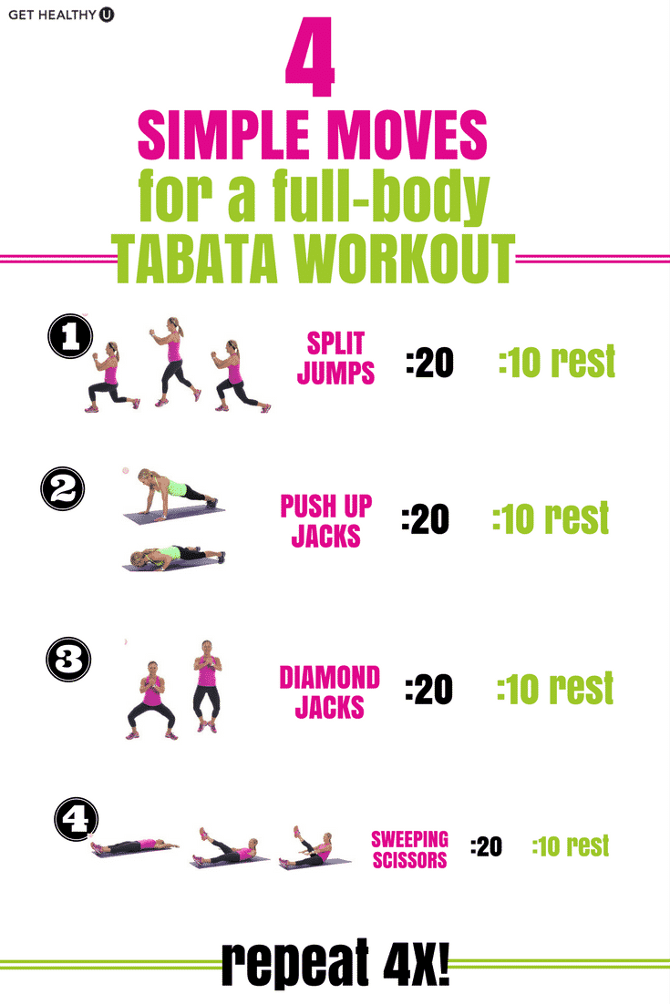 Try these 4 moves, 4 times through and you'll get a heart pumping, calorie burning tabata-style workout in!