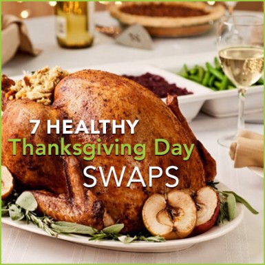 A grilled turkey on a Thanksgiving table setting with the words "7 Healthy Thanksgiving Day Swaps" above it.