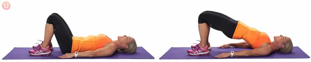 Chris Freytag demonstrating Glute Bridge on a purple yoga mat