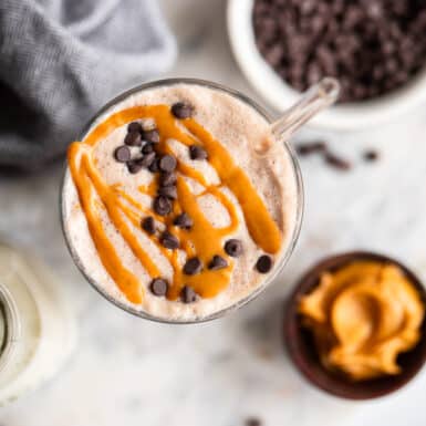 peanut butter cup protein smoothie in glass