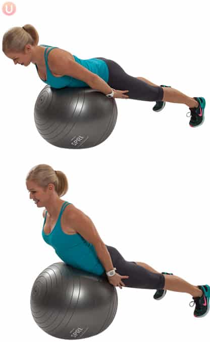 Chris Freytag demonstrating back extension on a stability ball wearing black yoga pants