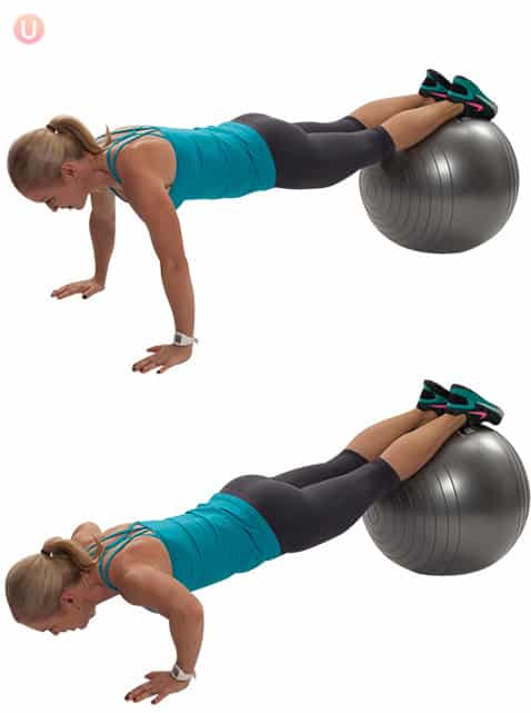 Chris Freytag performing stability ball push ups wearing black yoga pants and a blue top