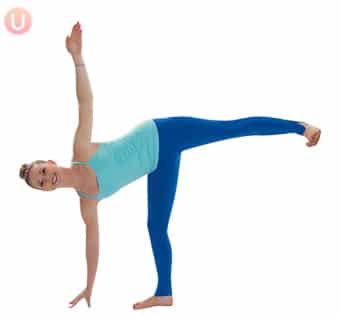 Chloe Freytag demonstrating Balancing Half Moon in a blue tank top and yoga pants