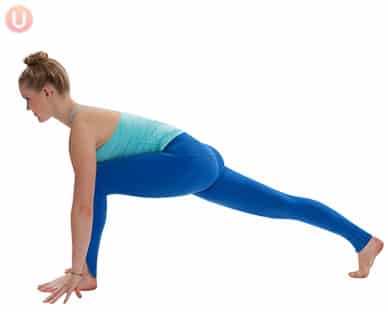 Chloe Freytag demonstrating Runners Lunge in a blue tank top and yoga pants