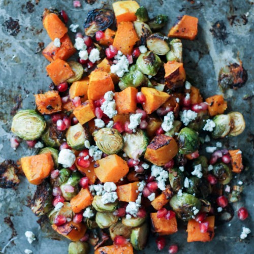 Chili-maple roasted butternut squash & brussels sprouts with gorgonzola cheese and pomegranate seeds