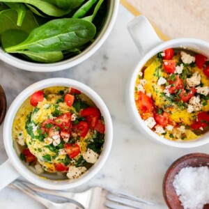 overhead view of two servings of microwave omelette in a mug