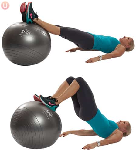 Chris Freytag demonstrating Stability Ball Glute PIke in a blue tank top on a silver stability ball