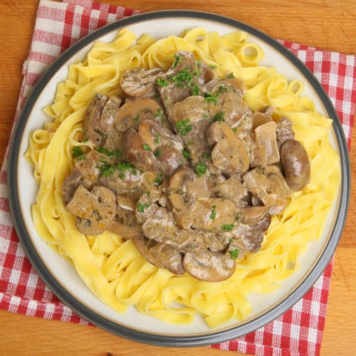 Try this twist on the classic beef stroganoff made with potato noodles!