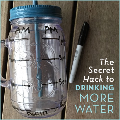 A water bottle with a permanent marker that marked the levels for drinking more water.