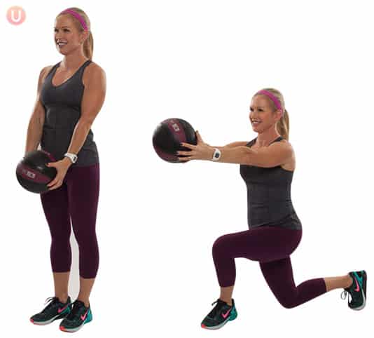 Chris Freytag demonstrating Medicine Ball Cross Behind Lunge with Front Raise in a black tank top with a black medicine ball