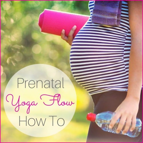 A pregnant woman carrying a yoga mat with the word "Prenatal Yoga Flow Workout" next to her baby bump.