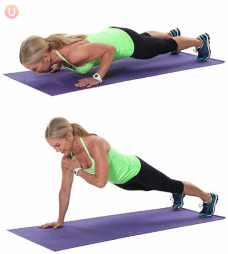 Chris Freytag demonstrating a shoulder tap push-up in this full body workout for beginners
