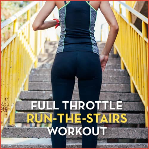 Woman running up a set of stairs in fitness apparel