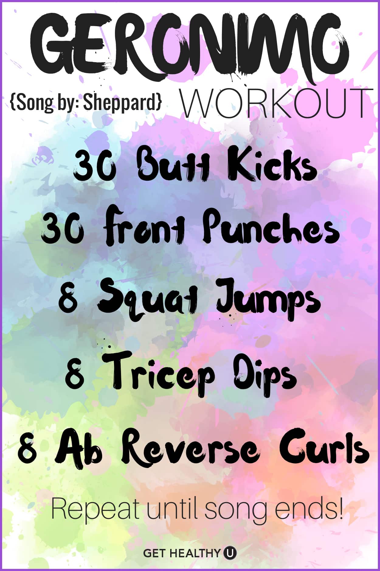 Turn up the tunes and get sweating! This is a no-equipment one song workout done to Sheppard's "Geronimo'"