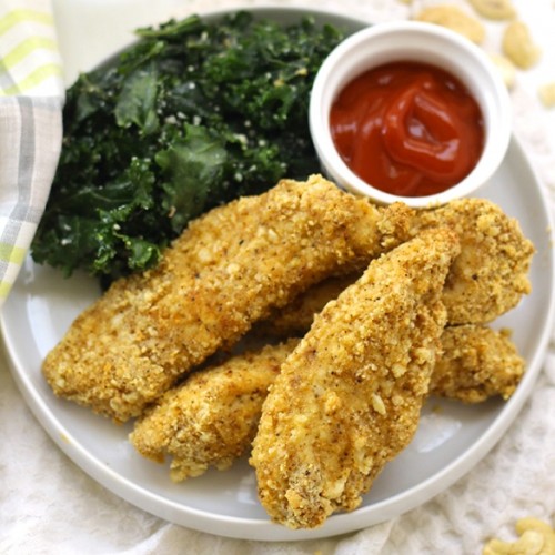 These gluten-free chicken fingers are made with cashew meal and are super delicious and full of protein! They make the perfect week night meal in a short amount of time!